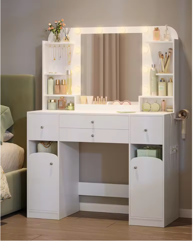 Kaptafel met LED Spiegel en Stopcontact – Make-up Tafel met Opbergruimte en Föhnhouder