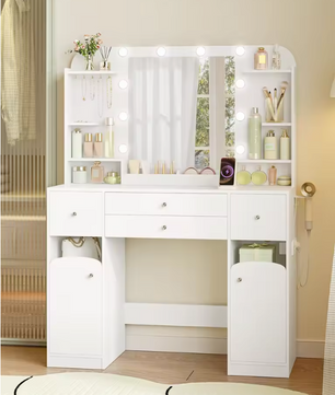 Kaptafel met LED Spiegel en Stopcontact – Make-up Tafel met Opbergruimte en Föhnhouder
