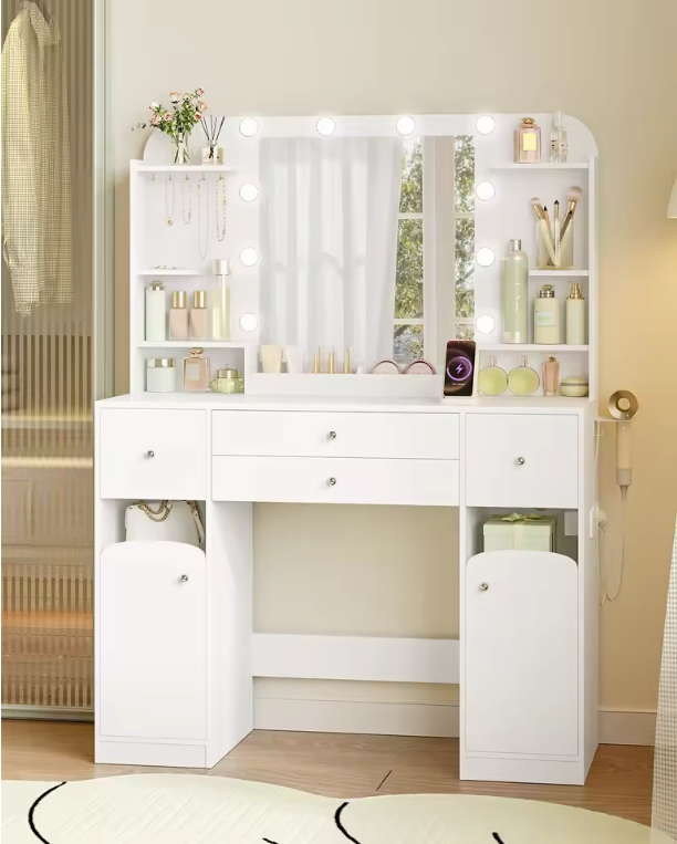 Kaptafel met LED Spiegel en Stopcontact – Make-up Tafel met Opbergruimte en Föhnhouder