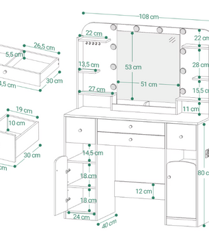 Kaptafel met LED Spiegel en Stopcontact – Make-up Tafel met Opbergruimte en Föhnhouder