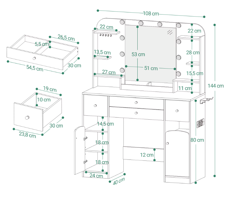 Kaptafel met LED Spiegel en Stopcontact – Make-up Tafel met Opbergruimte en Föhnhouder