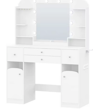 Kaptafel met LED Spiegel en Stopcontact – Make-up Tafel met Opbergruimte en Föhnhouder