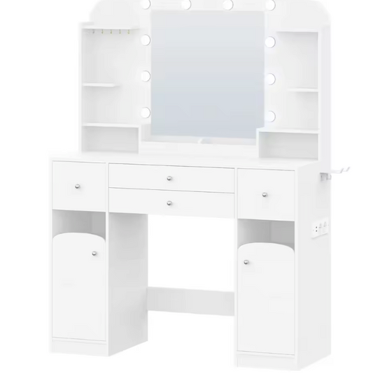 Kaptafel met LED Spiegel en Stopcontact – Make-up Tafel met Opbergruimte en Föhnhouder
