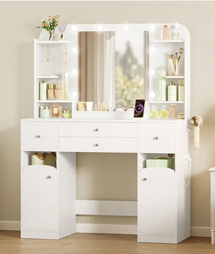 Kaptafel met LED Spiegel en Stopcontact – Make-up Tafel met Opbergruimte en Föhnhouder