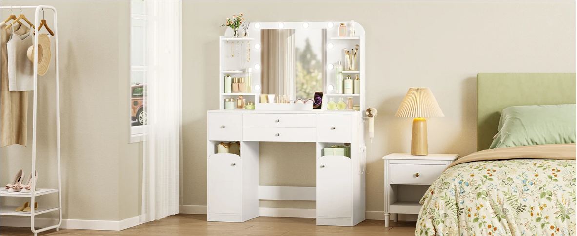 Kaptafel met LED Spiegel en Stopcontact – Make-up Tafel met Opbergruimte en Föhnhouder