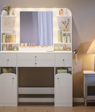 Kaptafel met LED Spiegel en Stopcontact – Make-up Tafel met Opbergruimte en Föhnhouder