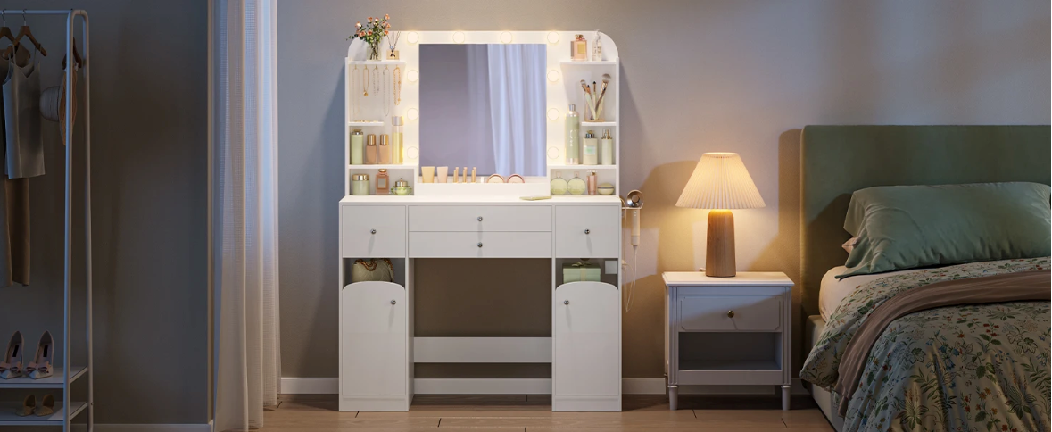 Kaptafel met LED Spiegel en Stopcontact – Make-up Tafel met Opbergruimte en Föhnhouder
