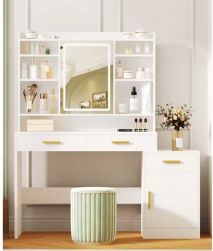 Kaptafel met LED Spiegel – Make-up Tafel met 3 Lades, Kast en Opbergrekken