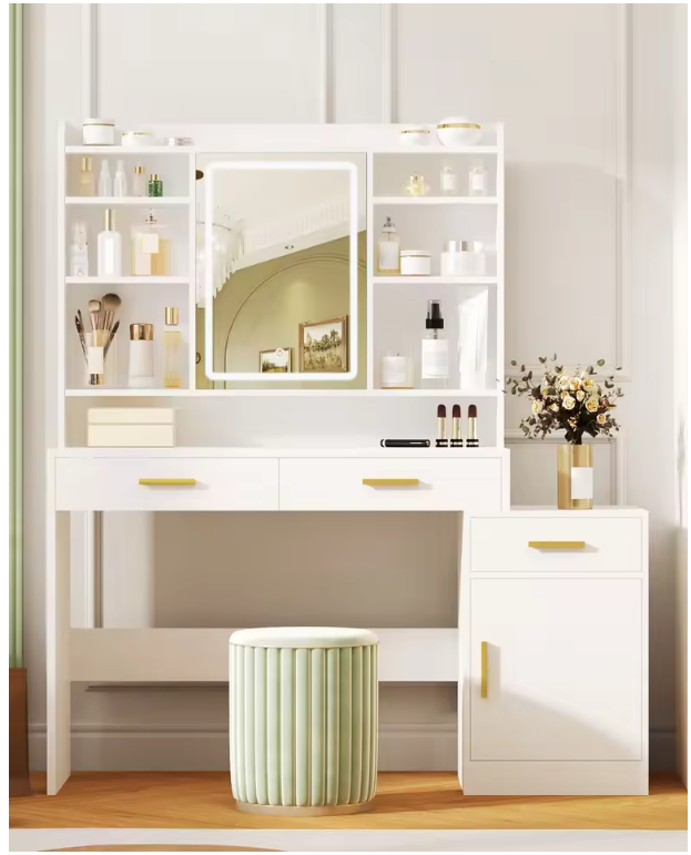 Kaptafel met LED Spiegel – Make-up Tafel met 3 Lades, Kast en Opbergrekken