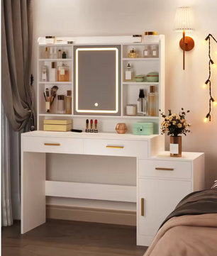 Kaptafel met LED Spiegel – Make-up Tafel met 3 Lades, Kast en Opbergrekken