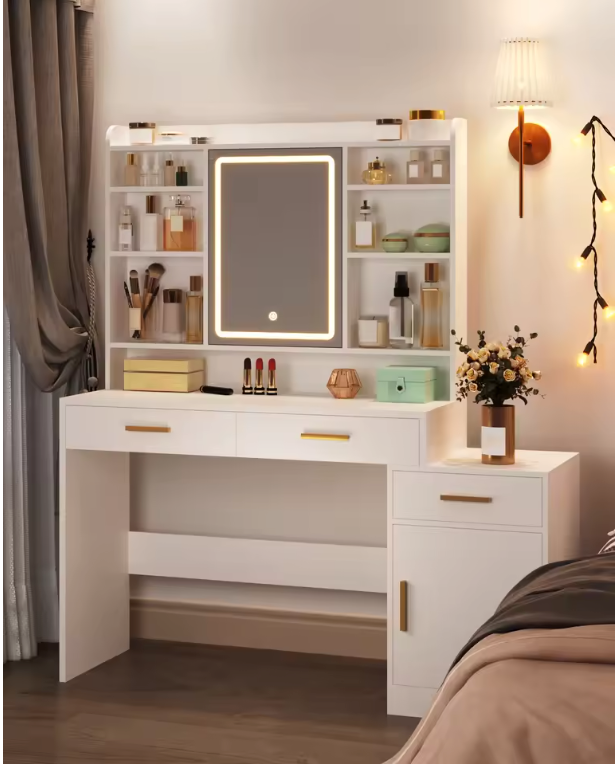 Kaptafel met LED Spiegel – Make-up Tafel met 3 Lades, Kast en Opbergrekken