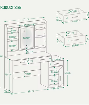 Kaptafel met LED Spiegel – Make-up Tafel met 3 Lades, Kast en Opbergrekken