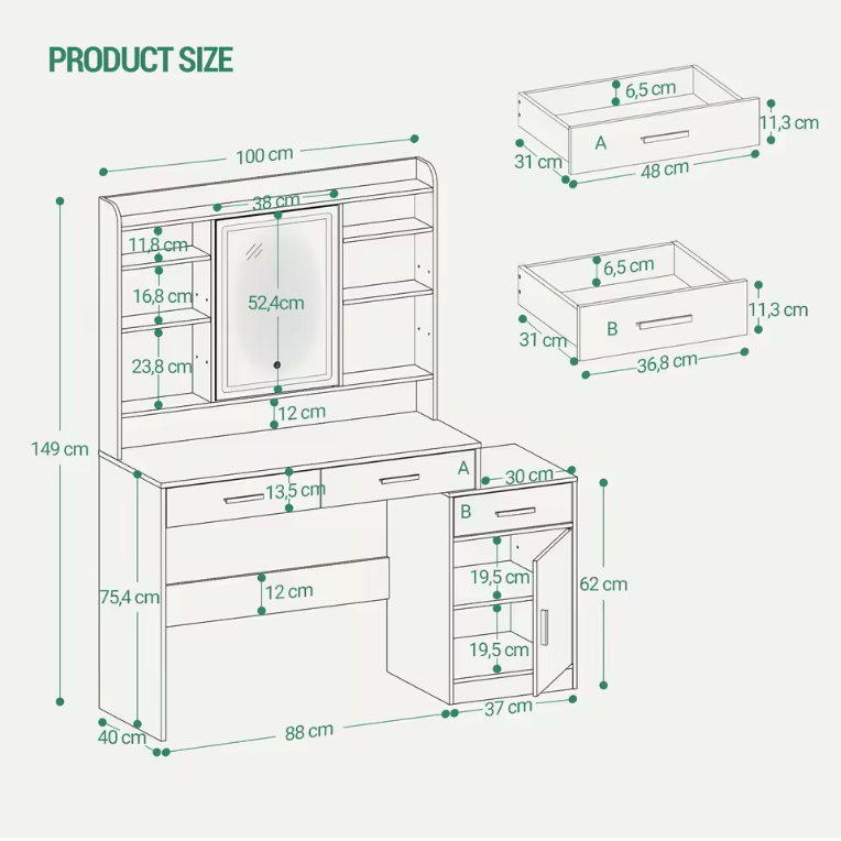 Kaptafel met LED Spiegel – Make-up Tafel met 3 Lades, Kast en Opbergrekken