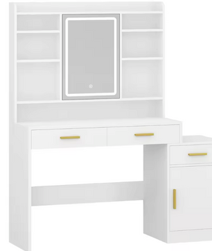 Kaptafel met LED Spiegel – Make-up Tafel met 3 Lades, Kast en Opbergrekken
