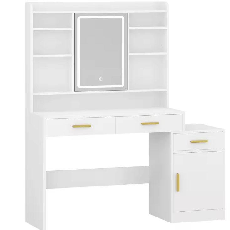 Kaptafel met LED Spiegel – Make-up Tafel met 3 Lades, Kast en Opbergrekken
