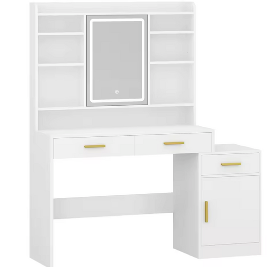 Kaptafel met LED Spiegel – Make-up Tafel met 3 Lades, Kast en Opbergrekken