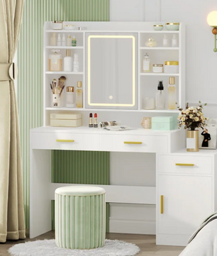Kaptafel met LED Spiegel – Make-up Tafel met 3 Lades, Kast en Opbergrekken