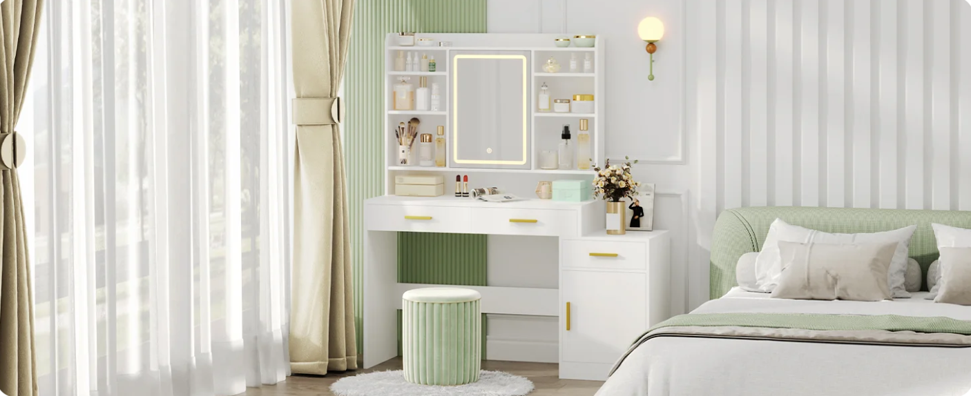 Kaptafel met LED Spiegel – Make-up Tafel met 3 Lades, Kast en Opbergrekken