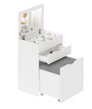 Kaptafel met Klapspiegel en Kruk – Make-up Tafel met Opbergruimte voor Kleine Ruimtes