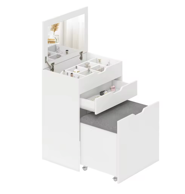 Kaptafel met Klapspiegel en Kruk – Make-up Tafel met Opbergruimte voor Kleine Ruimtes