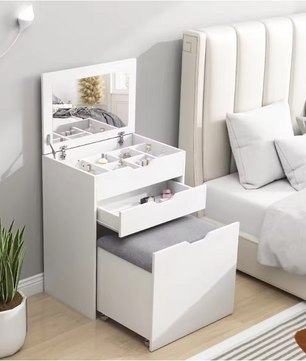 Kaptafel met Klapspiegel en Kruk – Make-up Tafel met Opbergruimte voor Kleine Ruimtes
