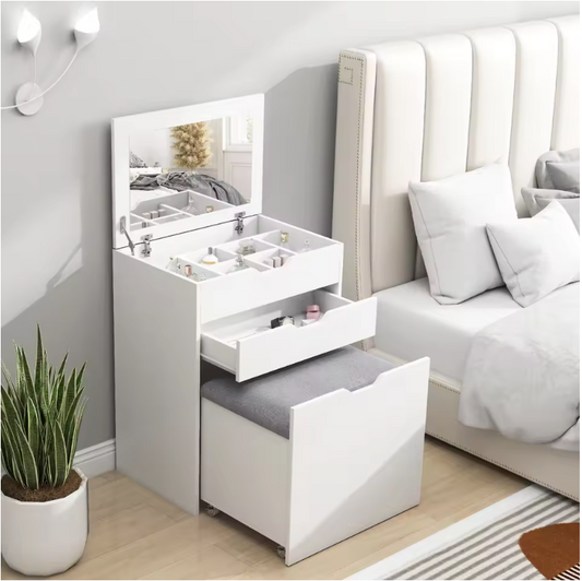 Kaptafel met Klapspiegel en Kruk – Make-up Tafel met Opbergruimte voor Kleine Ruimtes