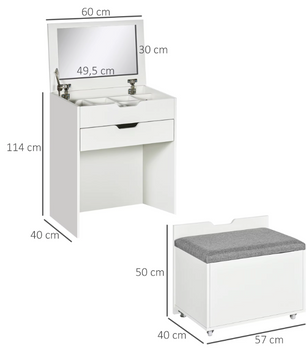 Kaptafel met Klapspiegel en Kruk – Make-up Tafel met Opbergruimte voor Kleine Ruimtes