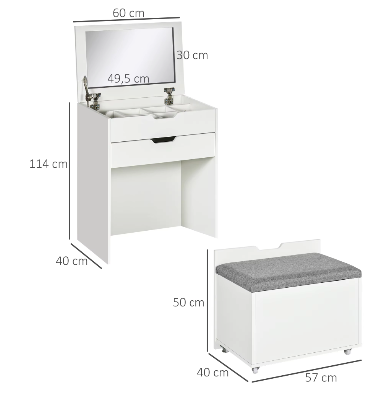 Kaptafel met Klapspiegel en Kruk – Make-up Tafel met Opbergruimte voor Kleine Ruimtes
