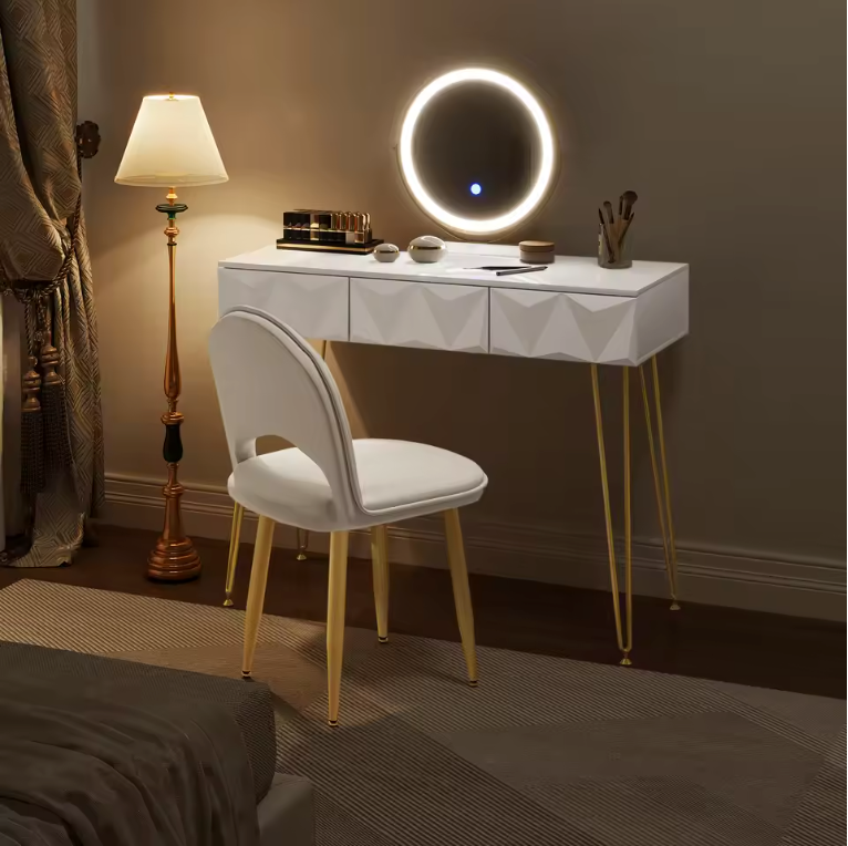 Kaptafel met LED Spiegel en Fluwelen Kruk – Make-up Tafel met 3 Lades en 360° Draaibare Spiegel
