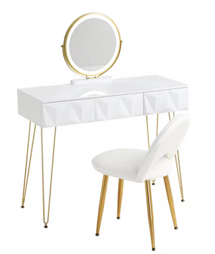 Kaptafel met LED Spiegel en Fluwelen Kruk – Make-up Tafel met 3 Lades en 360° Draaibare Spiegel