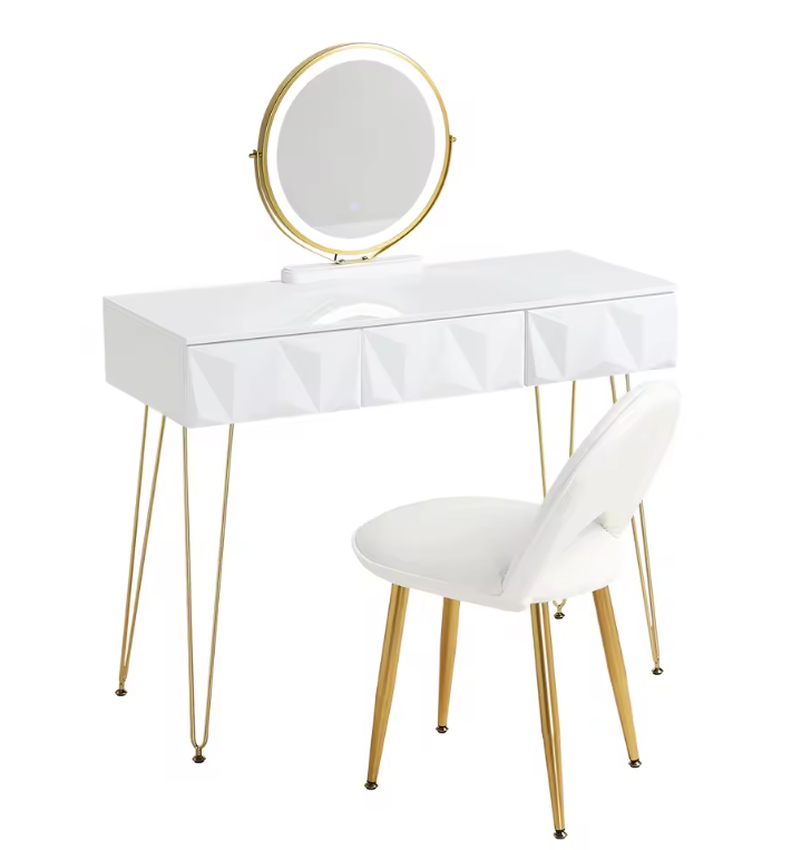 Kaptafel met LED Spiegel en Fluwelen Kruk – Make-up Tafel met 3 Lades en 360° Draaibare Spiegel