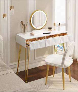 Kaptafel met LED Spiegel en Fluwelen Kruk – Make-up Tafel met 3 Lades en 360° Draaibare Spiegel