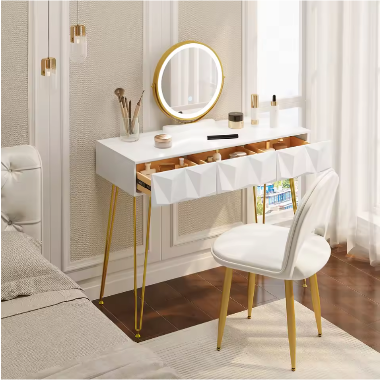Kaptafel met LED Spiegel en Fluwelen Kruk – Make-up Tafel met 3 Lades en 360° Draaibare Spiegel