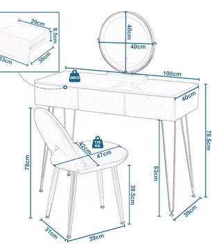 Kaptafel met LED Spiegel en Fluwelen Kruk – Make-up Tafel met 3 Lades en 360° Draaibare Spiegel