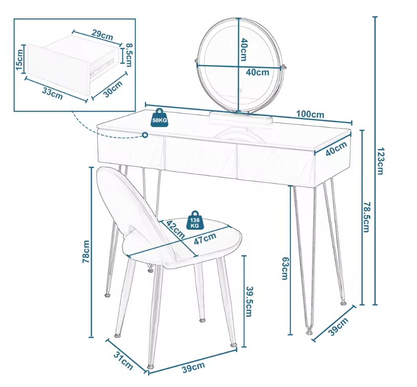 Kaptafel met LED Spiegel en Fluwelen Kruk – Make-up Tafel met 3 Lades en 360° Draaibare Spiegel