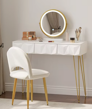 Kaptafel met LED Spiegel en Fluwelen Kruk – Make-up Tafel met 3 Lades en 360° Draaibare Spiegel