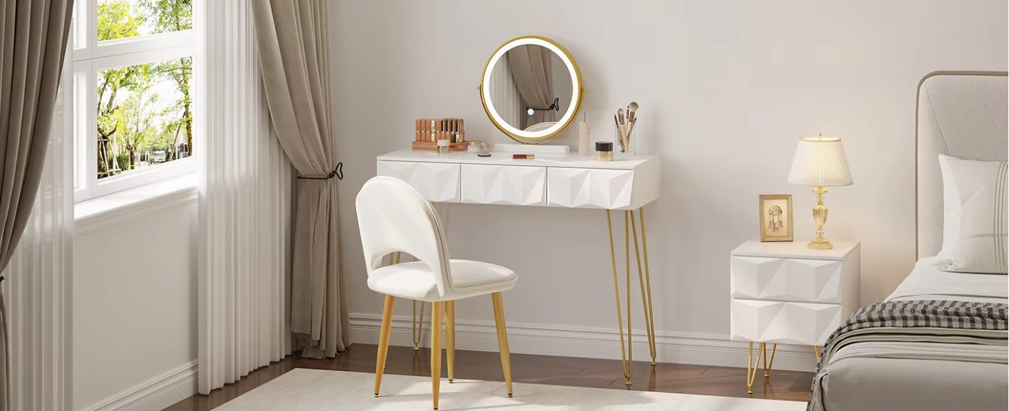 Kaptafel met LED Spiegel en Fluwelen Kruk – Make-up Tafel met 3 Lades en 360° Draaibare Spiegel