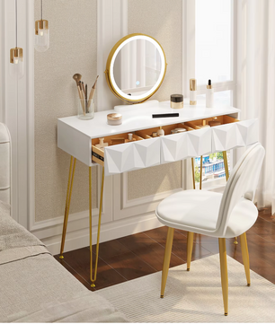 Kaptafel met LED Spiegel en Fluwelen Kruk – Make-up Tafel met 3 Lades en 360° Draaibare Spiegel