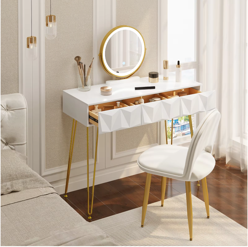 Kaptafel met LED Spiegel en Fluwelen Kruk – Make-up Tafel met 3 Lades en 360° Draaibare Spiegel