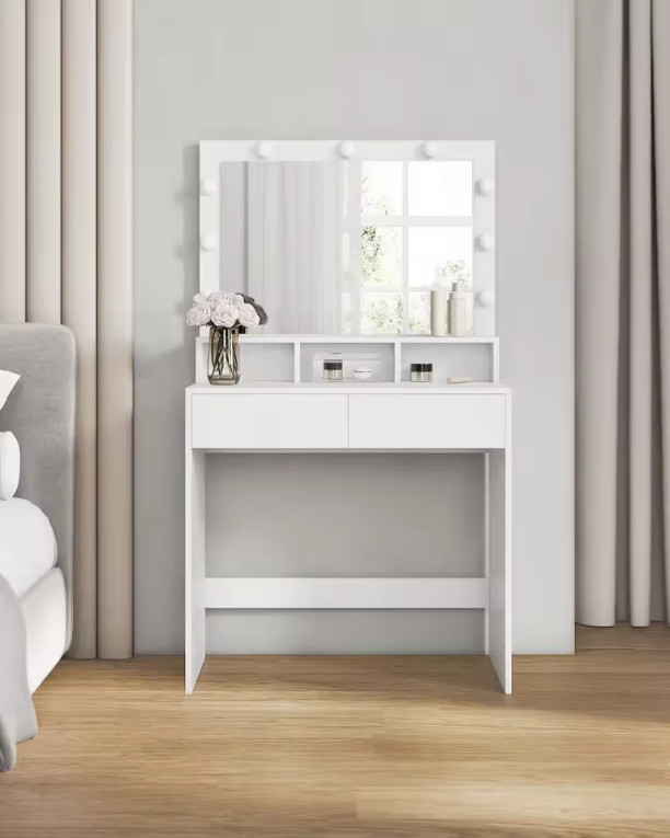 Kaptafel met LED Spiegel – Make-up Tafel met 2 Lades en Verstelbare Verlichting