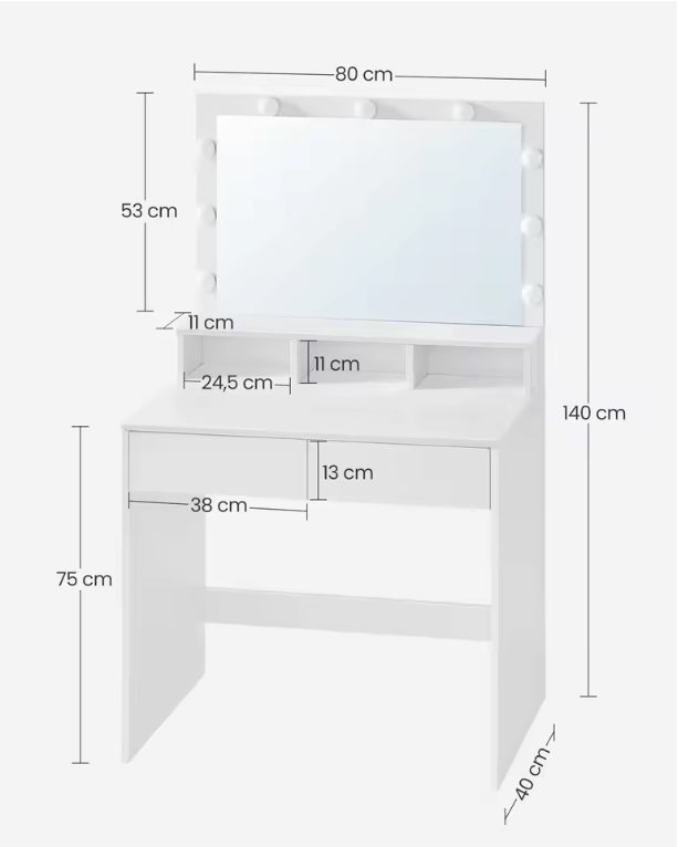 Kaptafel met LED Spiegel – Make-up Tafel met 2 Lades en Verstelbare Verlichting