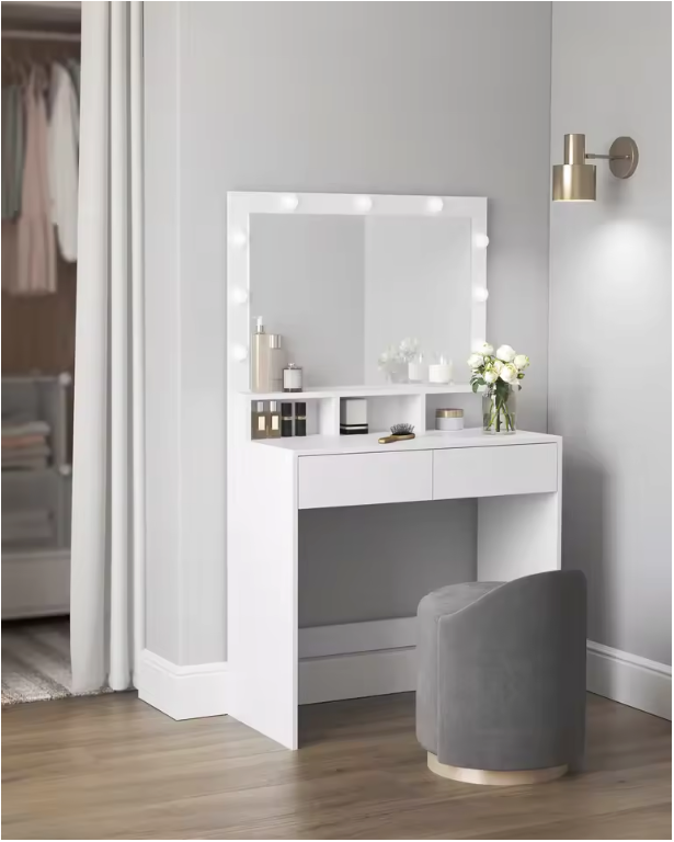 Kaptafel met LED Spiegel – Make-up Tafel met 2 Lades en Verstelbare Verlichting