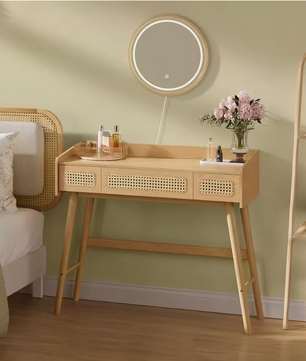 Kaptafel met LED Spiegel – Boho Make-up Tafel met 3 Lades en Rattan Look