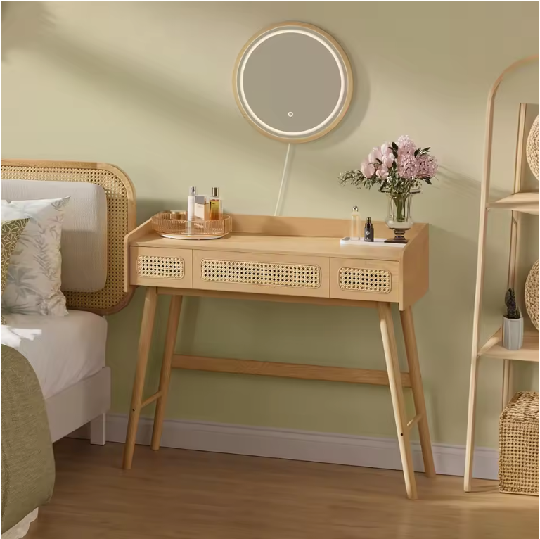 Kaptafel met LED Spiegel – Boho Make-up Tafel met 3 Lades en Rattan Look