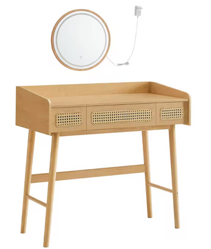 Kaptafel met LED Spiegel – Boho Make-up Tafel met 3 Lades en Rattan Look
