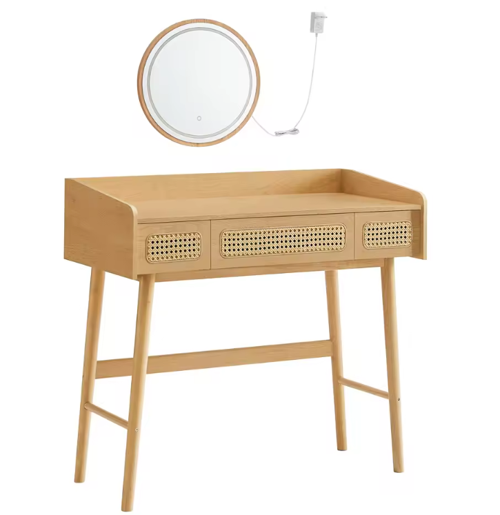 Kaptafel met LED Spiegel – Boho Make-up Tafel met 3 Lades en Rattan Look
