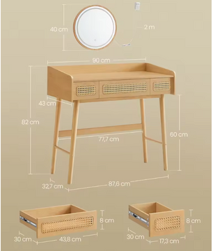 Kaptafel met LED Spiegel – Boho Make-up Tafel met 3 Lades en Rattan Look