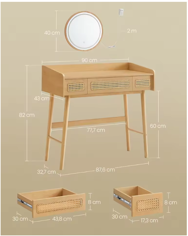 Kaptafel met LED Spiegel – Boho Make-up Tafel met 3 Lades en Rattan Look