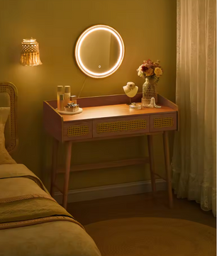 Kaptafel met LED Spiegel – Boho Make-up Tafel met 3 Lades en Rattan Look