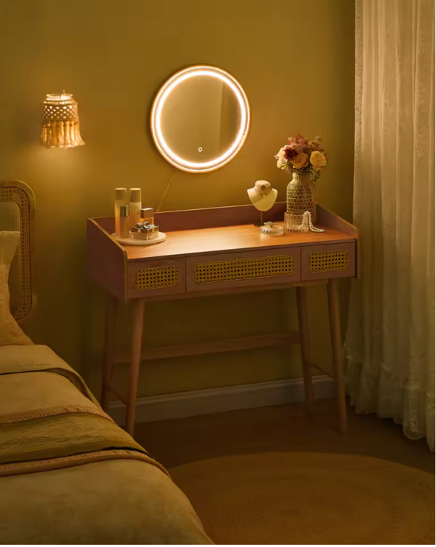 Kaptafel met LED Spiegel – Boho Make-up Tafel met 3 Lades en Rattan Look